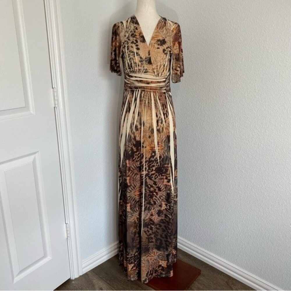 Sam & Max Maxi V Neck Black Brown Cream Empire Waist S Sleeve Sexy Size M